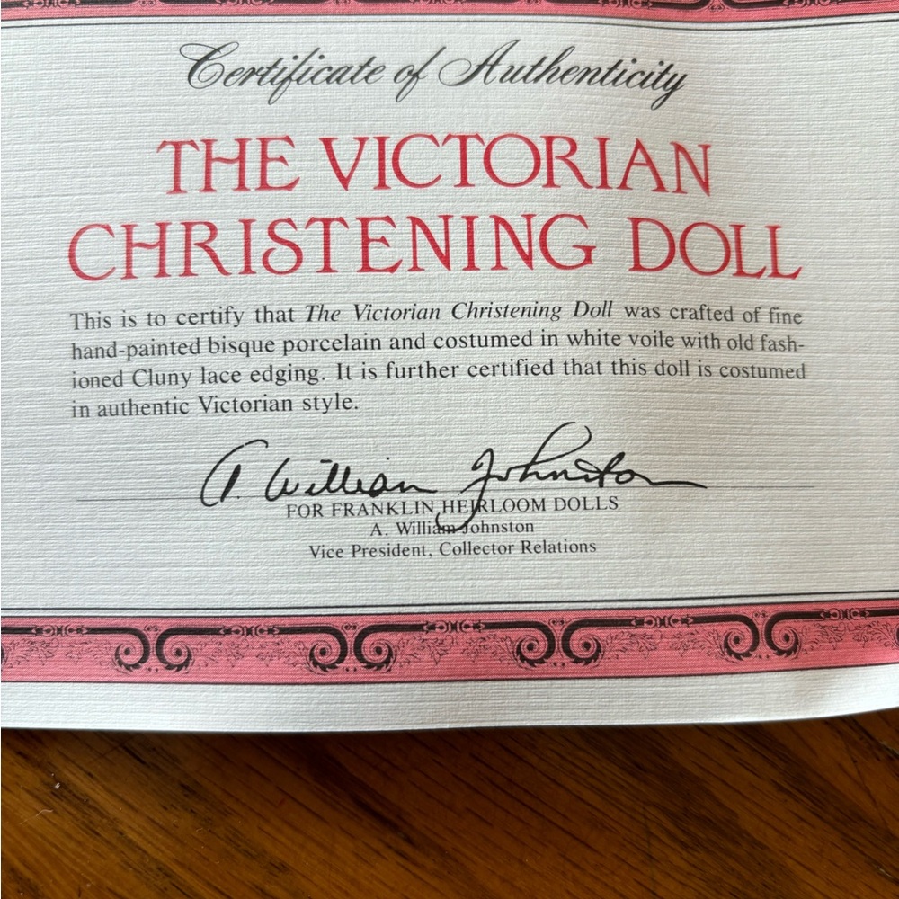 NIB FRANKLIN MINT HEIRLOOM VICTORIAN CHRISTENING DOLL IN BISQUE PORCELAIN